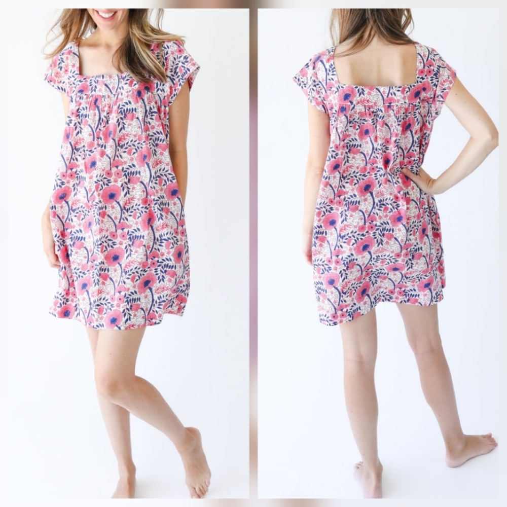 Navybleu Katherine Short Sleeve Cover Up Navy Pink Block Floral Cotton